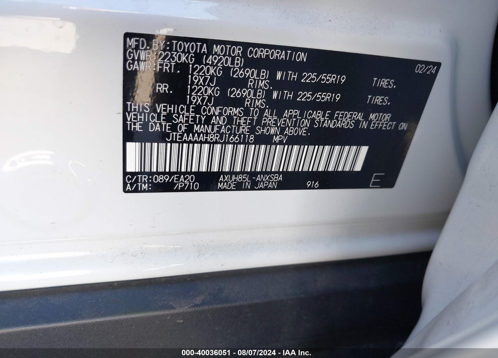2024 TOYOTA VENZA LIMITED VIN: JTEAAAAH8RJ166118