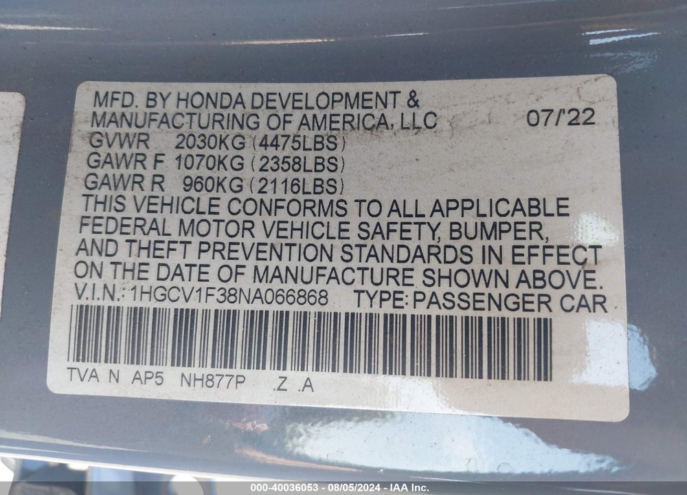 2022 HONDA ACCORD SPORT VIN: 1HGCV1F38NA066868
