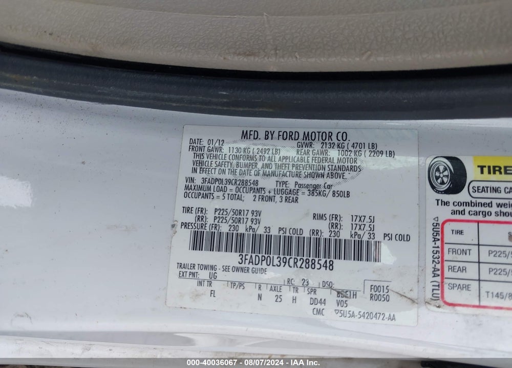 2012 FORD FUSION HYBRID VIN: 3FADP0L39CR288548
