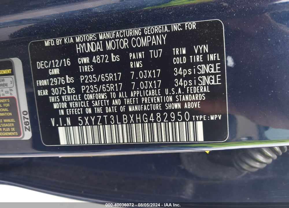 2017 HYUNDAI SANTA FE SPORT VIN: 5XYZT3LBXHG482950