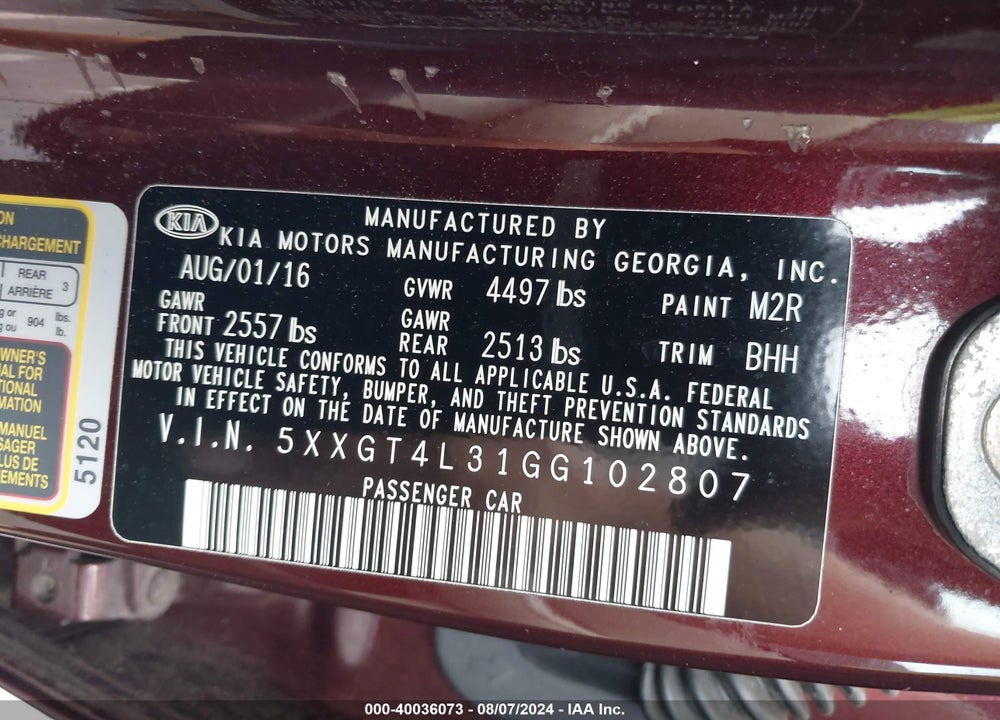2016 KIA OPTIMA VIN: 5XXGT4L31GG102807