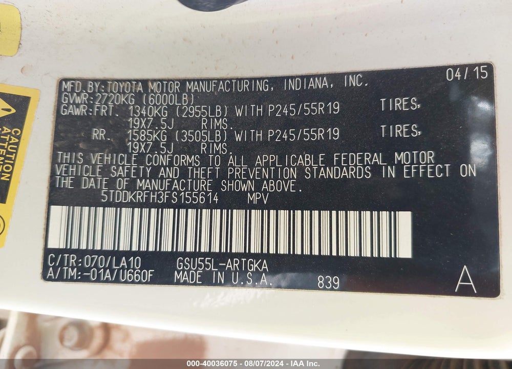2015 TOYOTA HIGHLANDER LIMITED V6 VIN: 5TDDKRFH3FS155614