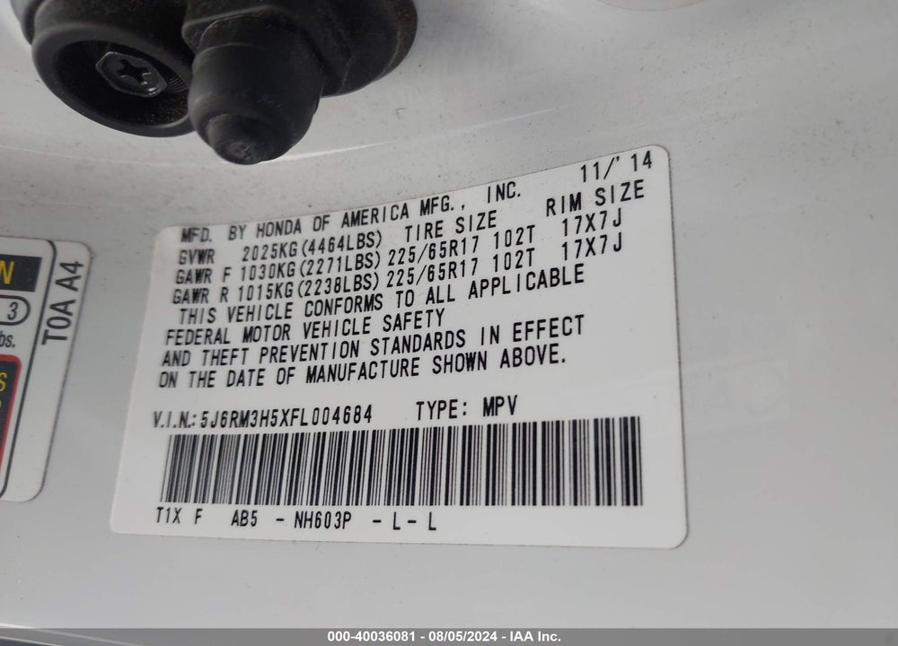 2015 HONDA CR-V EX VIN: 5J6RM3H5XFL004684