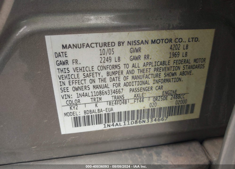 2006 NISSAN ALTIMA 2.5 S VIN: 1N4AL11D86N334667