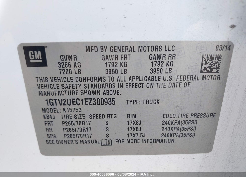 2014 GMC SIERRA 1500 SLE VIN: 1GTV2UEC1EZ300935