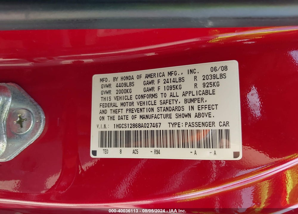 2008 HONDA ACCORD 2.4 EX-L VIN: 1HGCS12868A027467