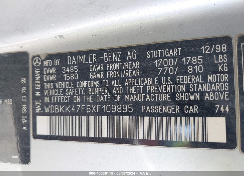 1999 MERCEDES-BENZ SLK 230 KOMPRESSOR VIN: WDBKK47F6XF109895