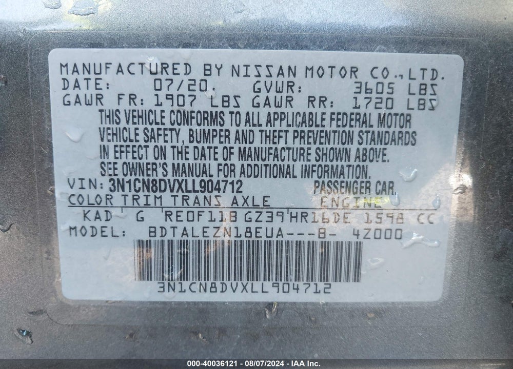 2020 NISSAN VERSA S XTRONIC CVT VIN: 3N1CN8DVXLL904712