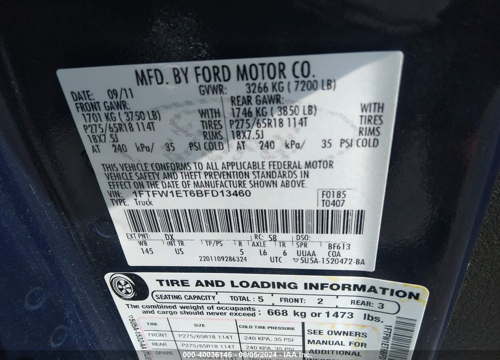 2011 FORD F-150 XLT VIN: 1FTFW1ET6BFD13460