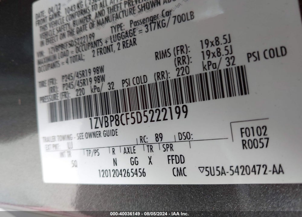 2013 FORD MUSTANG GT PREMIUM VIN: 1ZVBP8CF5D5222199