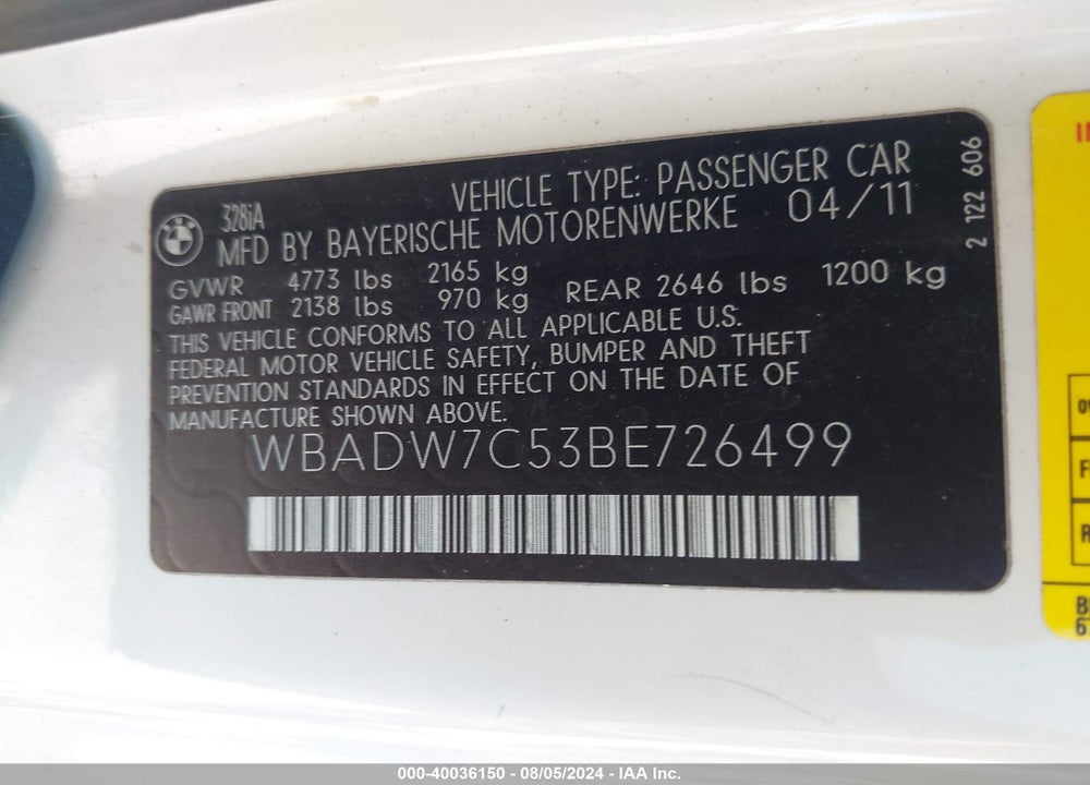2011 BMW 328I VIN: WBADW7C53BE726499
