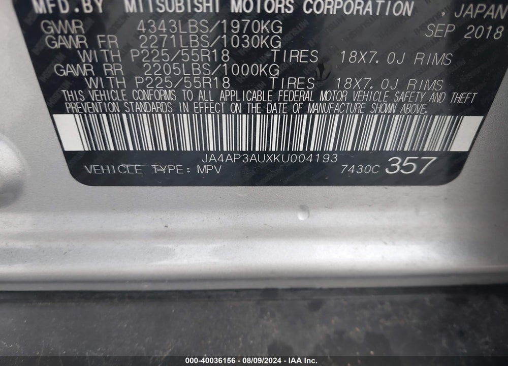 2019 MITSUBISHI OUTLANDER SPORT VIN: JA4AP3AUXKU004193