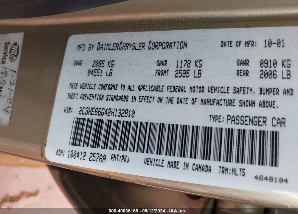2002 CHRYSLER 300M VIN: 2C3HE66G42H132810