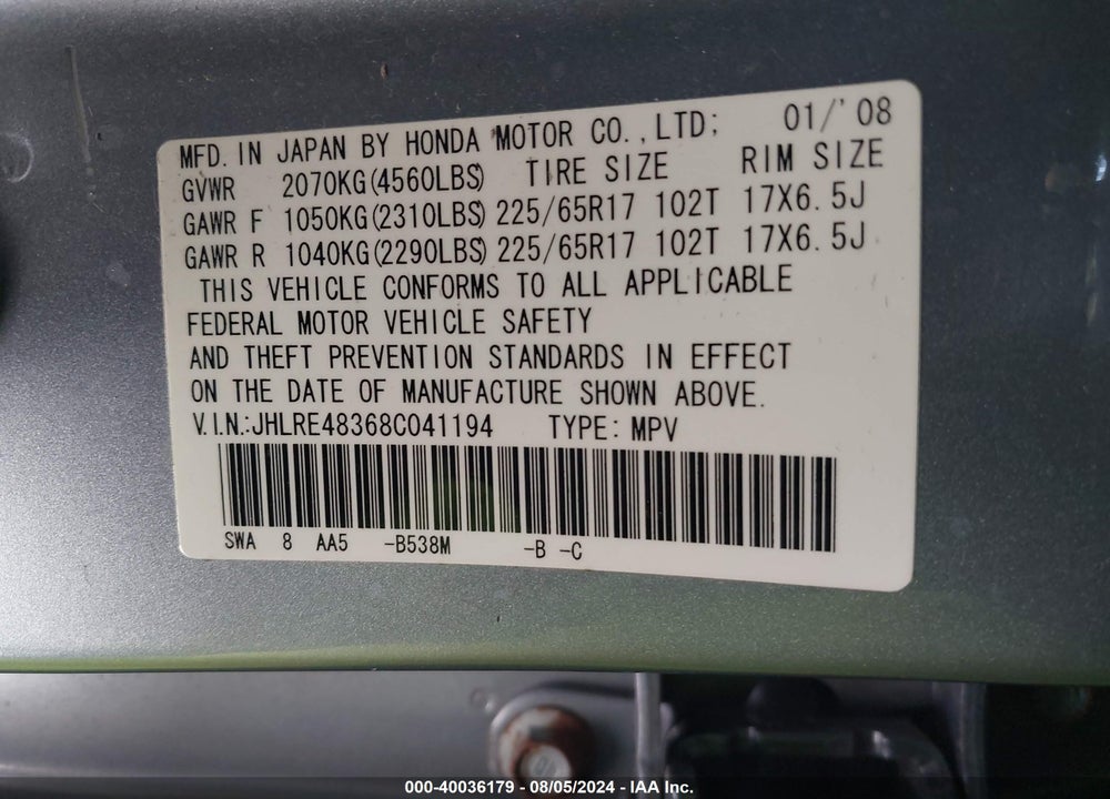 2008 HONDA CR-V LX VIN: JHLRE48368C041194