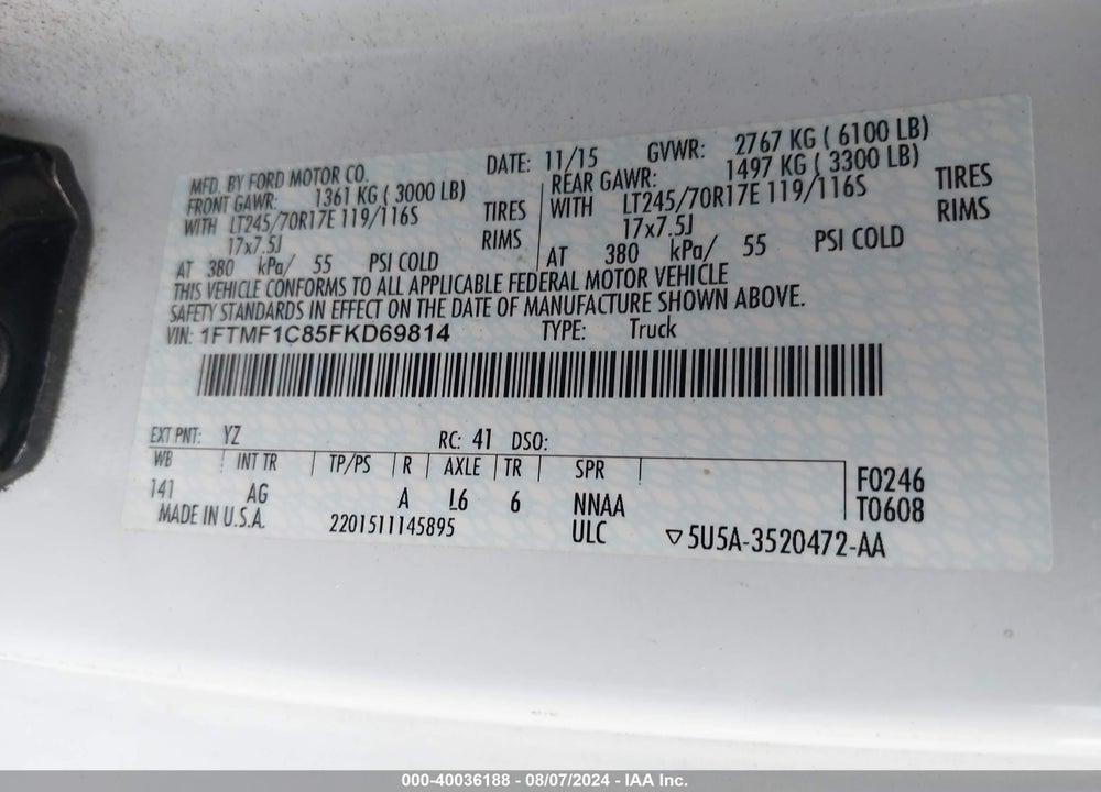 2015 FORD F-150 VIN: 1FTMF1C85FKD69814