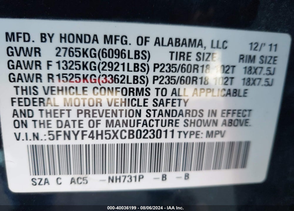 2012 HONDA PILOT EX-L VIN: 5FNYF4H5XCB023011