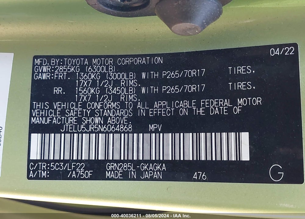 2022 TOYOTA 4RUNNER TRD PRO VIN: JTELU5JR5N6064868