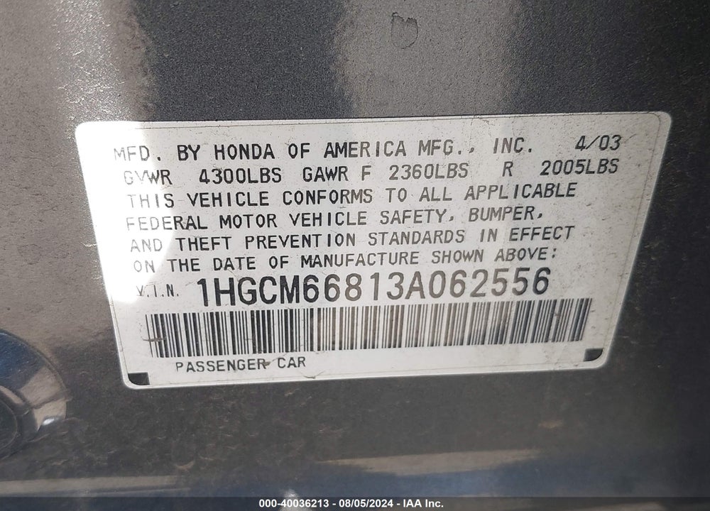 2003 HONDA ACCORD 3.0 EX VIN: 1HGCM66813A062556