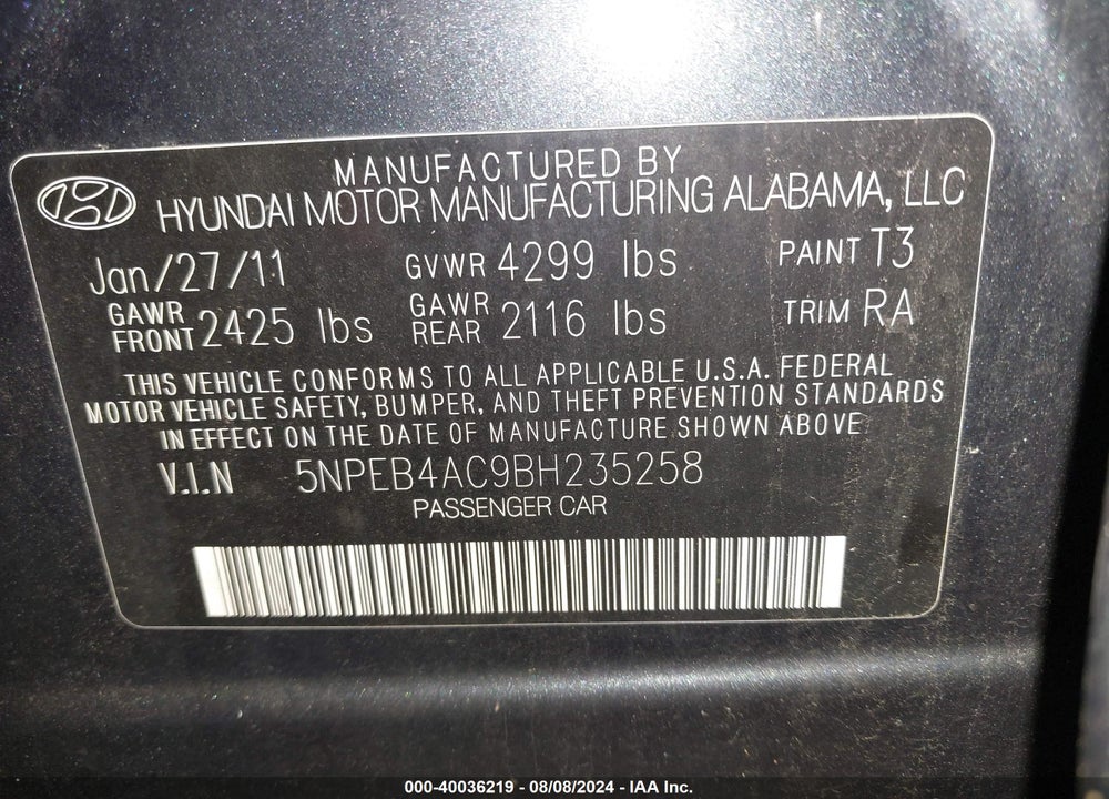 2011 HYUNDAI SONATA GLS VIN: 5NPEB4AC9BH235258