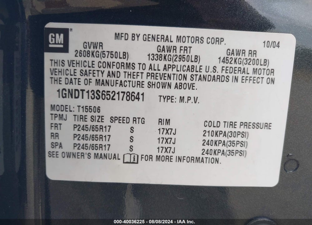 2005 CHEVROLET TRAILBLAZER LS VIN: 1GNDT13S652178641