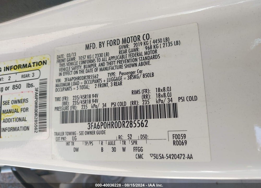 2013 FORD FUSION SE VIN: 3FA6P0HR0DR285562