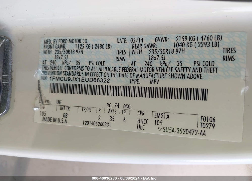 2014 FORD ESCAPE TITANIUM VIN: 1FMCU9JX1EUD66322