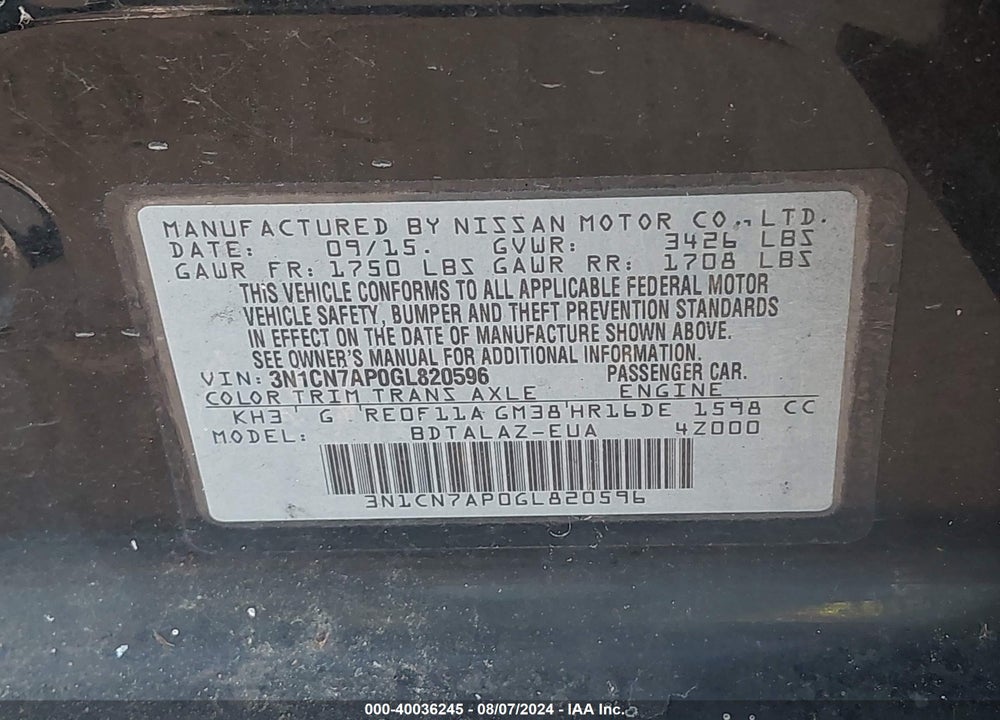 2016 NISSAN VERSA 1.6 S+ VIN: 3N1CN7AP0GL820596