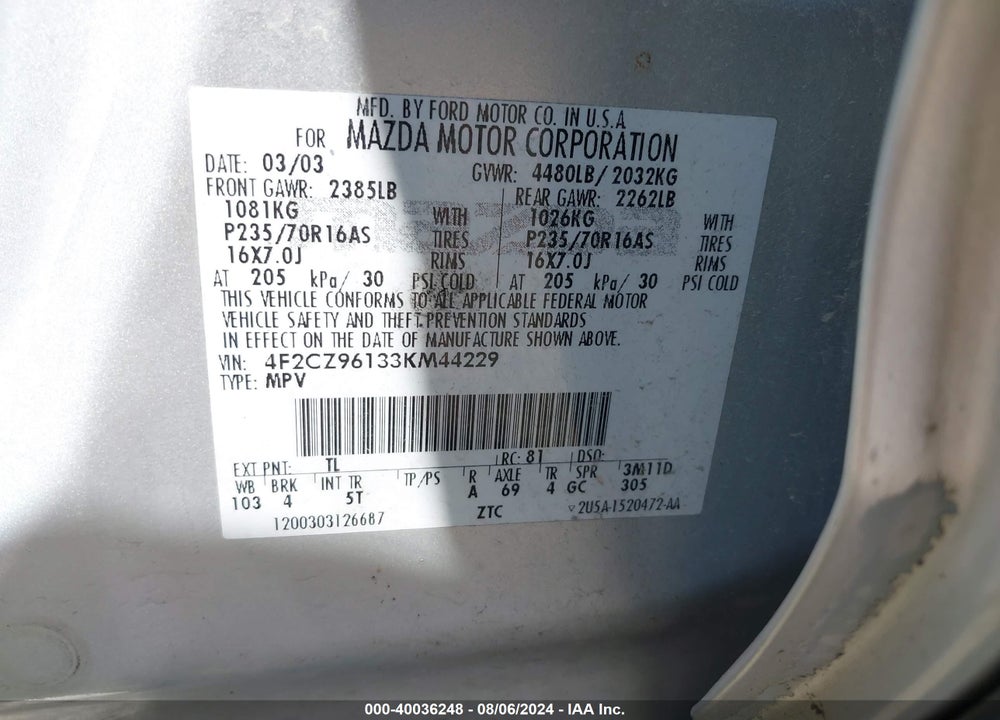 2003 MAZDA TRIBUTE VIN: 4F2CZ96133KM44229