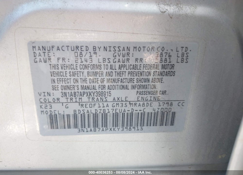 2019 NISSAN SENTRA SV VIN: 3N1AB7APXKY398915