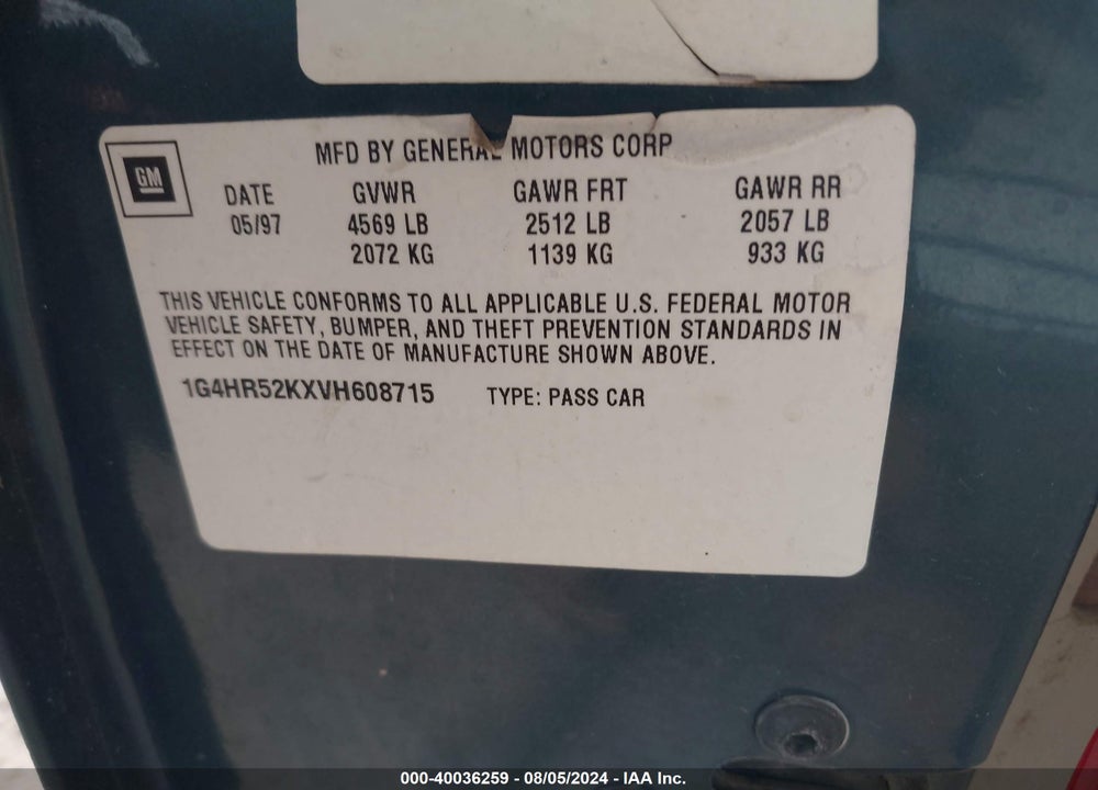 1997 BUICK LESABRE VIN: 1G4HR52KXVH608715