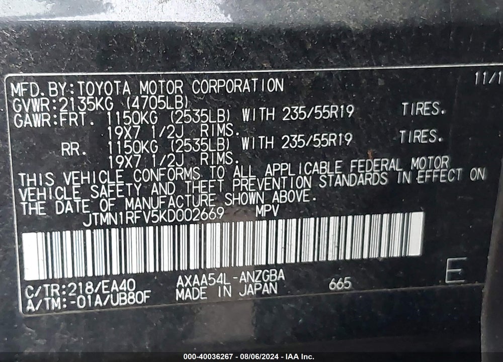2019 TOYOTA RAV4 LIMITED VIN: JTMN1RFV5KD002669