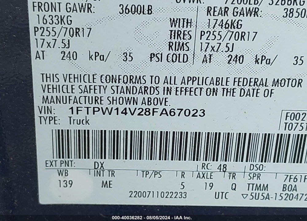 2008 FORD F-150 60TH ANNIVERSARY/FX4/KING RANCH/LARIAT/XLT VIN: 1FTPW14V28FA67023