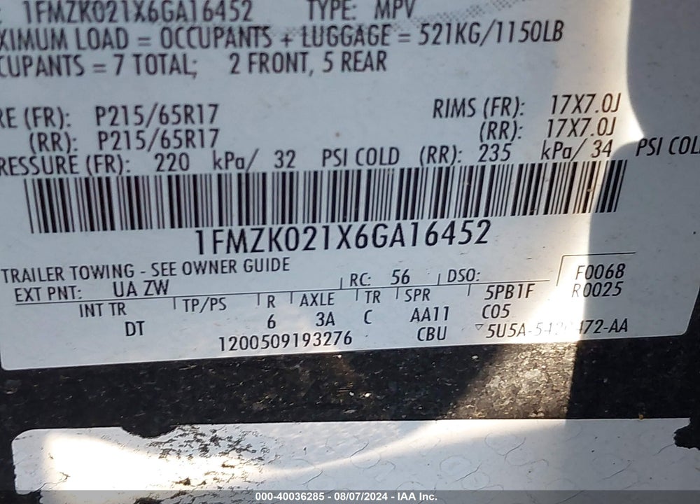2006 FORD FREESTYLE SEL VIN: 1FMZK021X6GA16452