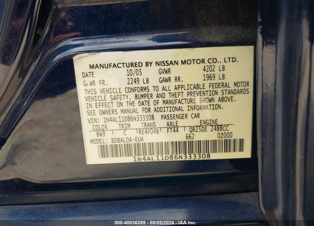 2006 NISSAN ALTIMA 2.5 S VIN: 1N4AL11D86N333308