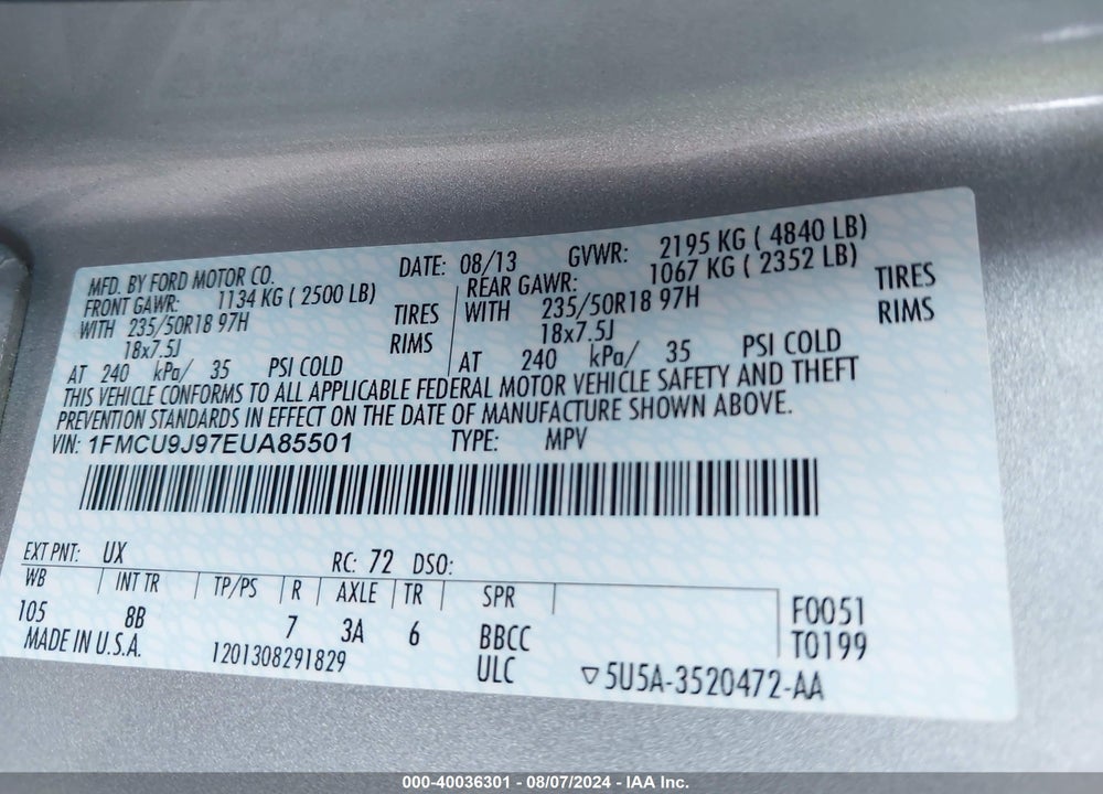 2014 FORD ESCAPE TITANIUM VIN: 1FMCU9J97EUA85501