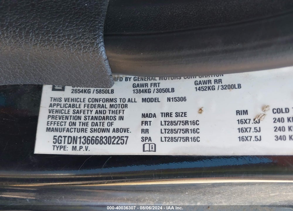 2006 HUMMER H3 SUV VIN: 5GTDN136668302257