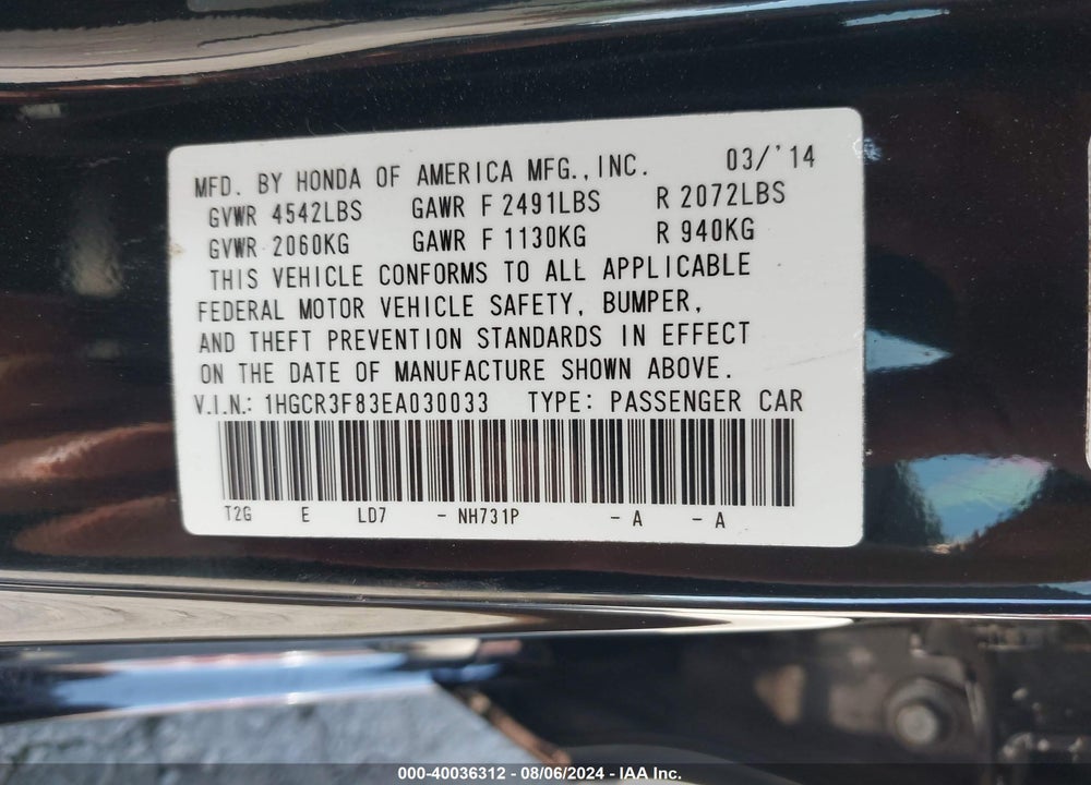 2014 HONDA ACCORD EX-L V-6 VIN: 1HGCR3F83EA030033