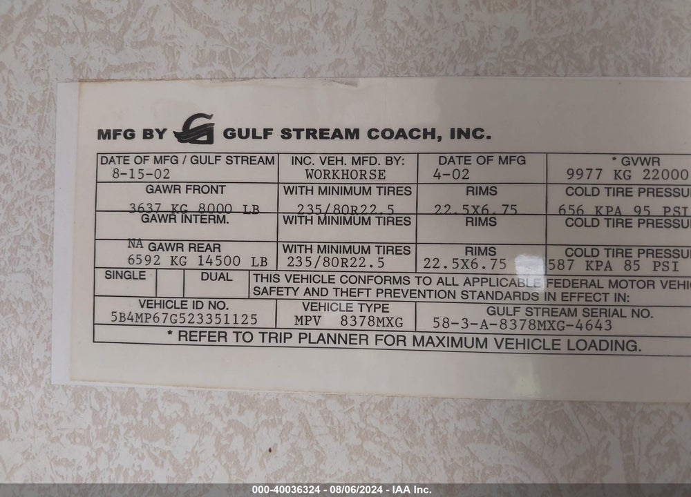 2003 GULFSTREAM MOTORHOME CHASSIS VIN: 5B4MP67G523351125