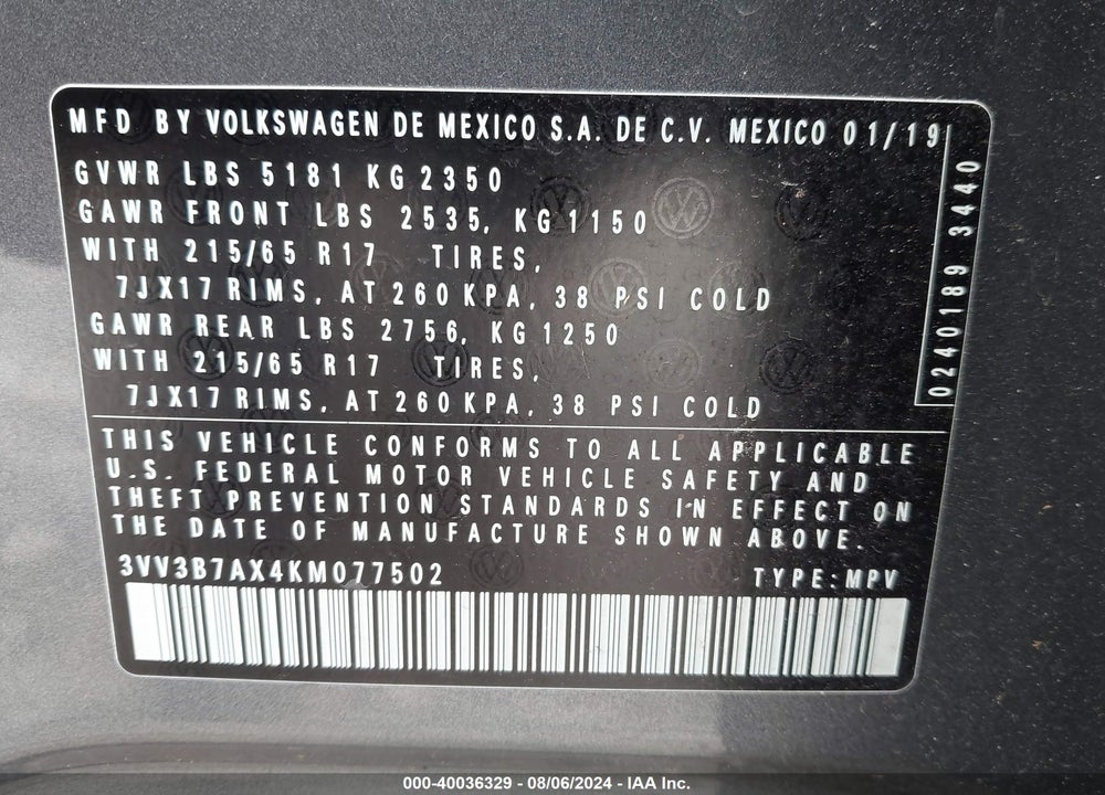 2019 VOLKSWAGEN TIGUAN 2.0T SE/2.0T SEL/2.0T SEL R-LINE/2.0T SEL R-LINE BLACK VIN: 3VV3B7AX4KM077502