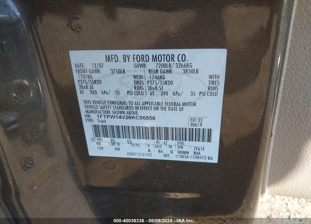 2008 FORD F-150 KING RANCH VIN: 1FTPW14V28KC56858