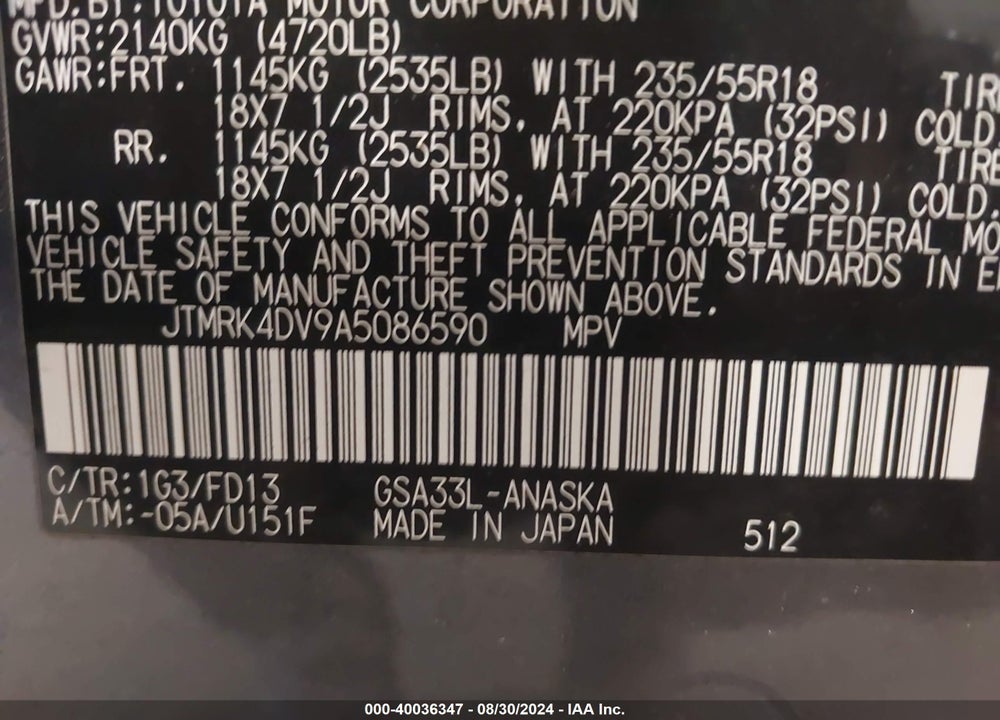 2010 TOYOTA RAV4 VIN: JTMRK4DV9A5086590