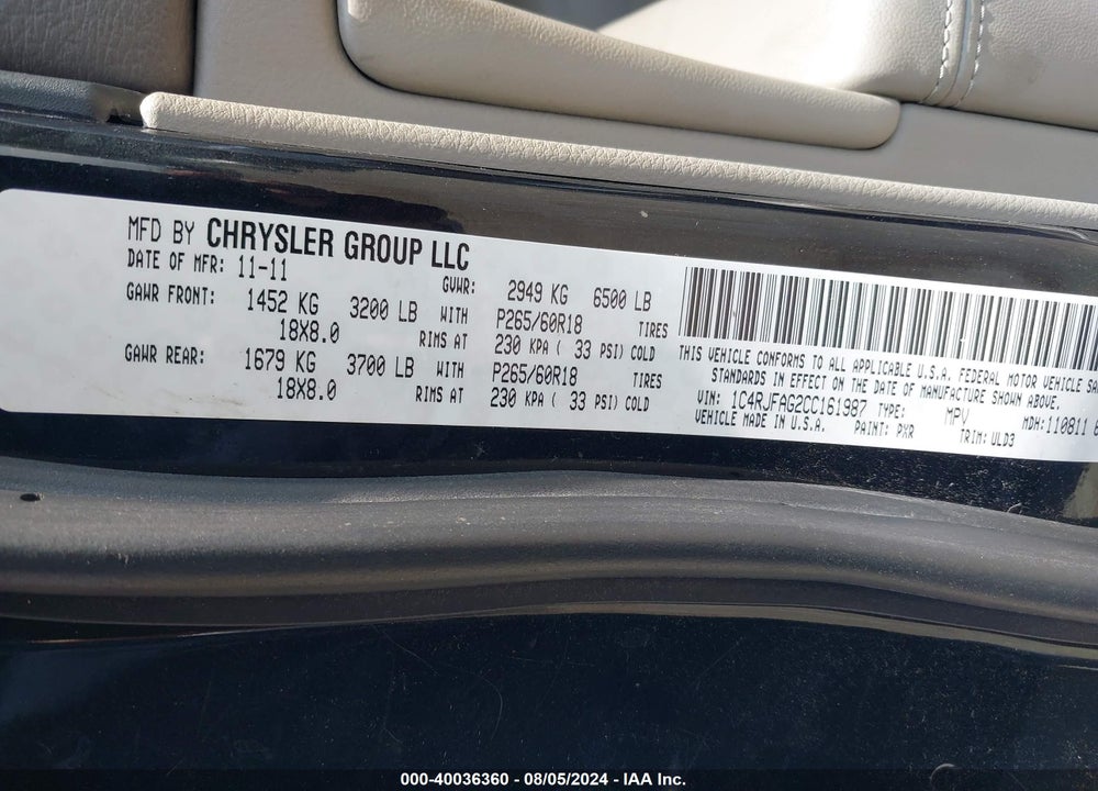 2012 JEEP GRAND CHEROKEE LAREDO VIN: 1C4RJFAG2CC161987