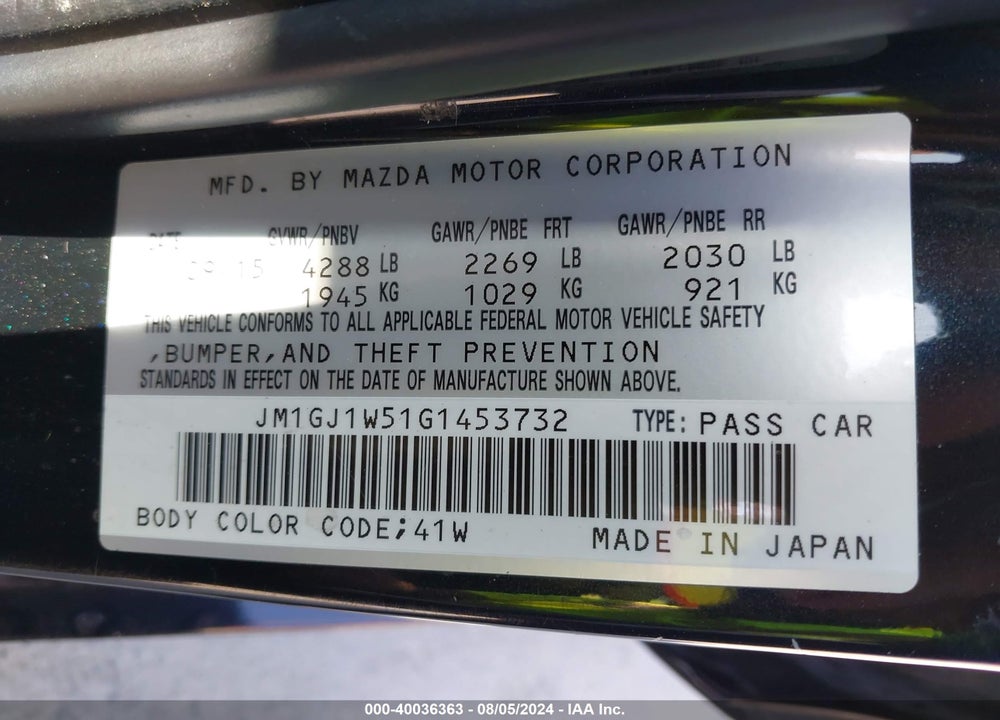 2016 MAZDA 6 VIN: JM1GJ1W51G1453732