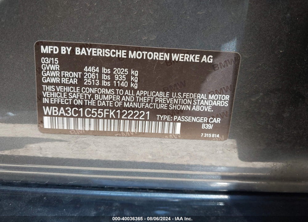 2015 BMW 328I VIN: WBA3C1C55FK122221