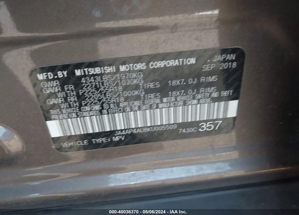 2019 MITSUBISHI OUTLANDER SPORT 2.0 SE VIN: JA4AP4AU8KU005509