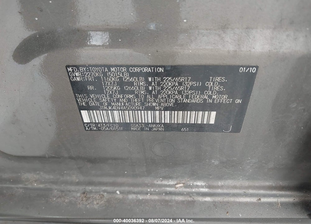 2010 TOYOTA RAV4 BASE V6 VIN: JTMJK4DV4A5090947