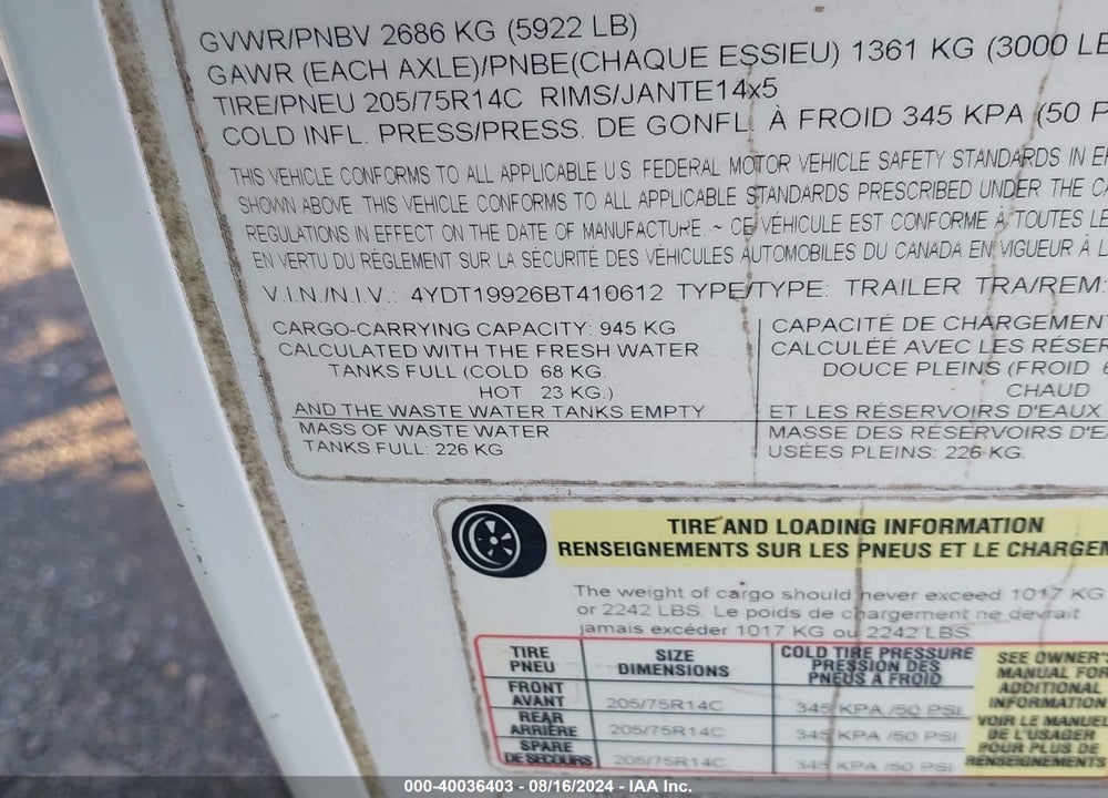 2011 KEYSTONE PASSPORT VIN: 4YDT19926BT410612