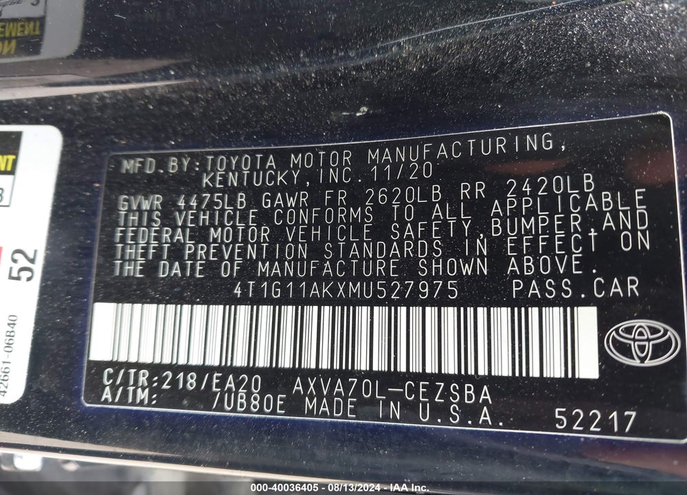 2021 TOYOTA CAMRY SE VIN: 4T1G11AKXMU527975