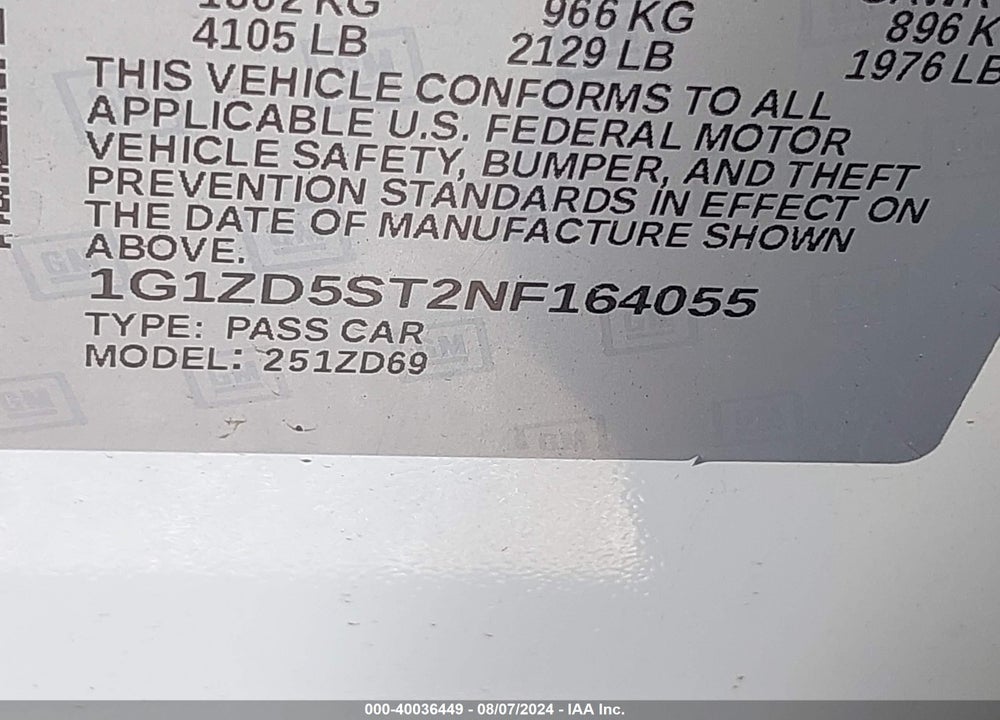 2022 CHEVROLET MALIBU FWD LT VIN: 1G1ZD5ST2NF164055