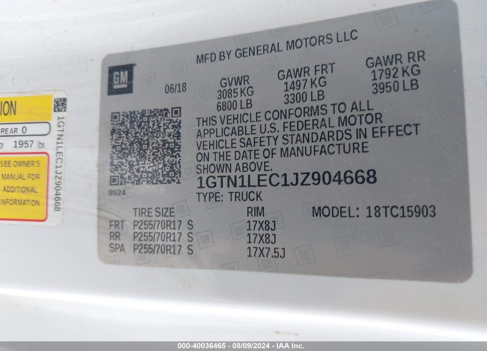 2018 GMC SIERRA 1500 VIN: 1GTN1LEC1JZ904668
